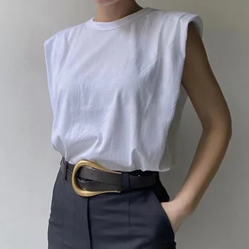 Ženy Polstrované Ramenné T-košele bez Rukávov Farbou Kolo Krku Top Office Lady Pulóver 2021 Nové Módne Ženy Elegantné Oblečenie