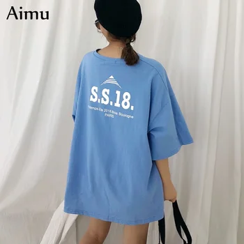 Harajuku nadrozmerné Tričko Jednoduchý list tlačiť Základné Tričko Ženy Bežné modrá Topy Voľné Biele Letné Krátky dlhý Rukáv T-shirts