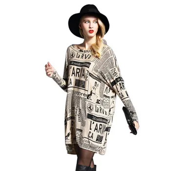 Dámske oblečenie dámske o-krku bežné pletené svetre ženy batwing rukáv noviny tlač veľké metrov pulóver sveter