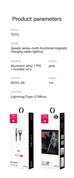 TOTU Magnetické Nabíjací Kábel 1 m-Typ-c/Micro/Lightning port Kábel pre iPhone12/12pro/12pro Max /iphone11/11 Pro/11 Pro Max Kábel