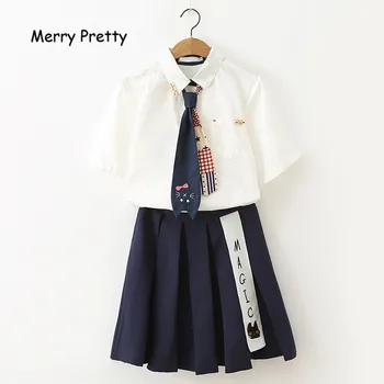 Veselé Celkom Japonskom Mori Dievča Jeseň Biela Blúzka Ženy Roztomilý Kawaii Mačka Tlače Motýlik Školskú Uniformu Preppy Štýl Tričko Žena