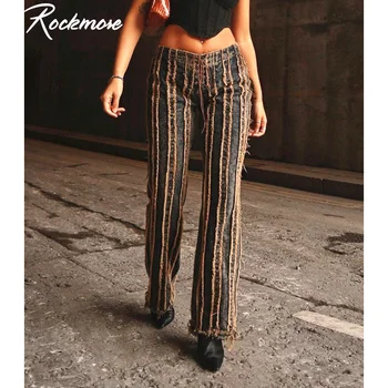 Rockmore Vintage Strapec Džínsy Ženy Streetwear 90. rokov Estetické Nízkym Pásom Rovné Nohavice Patchwork Núdzi Denim Dlhé Nohavice