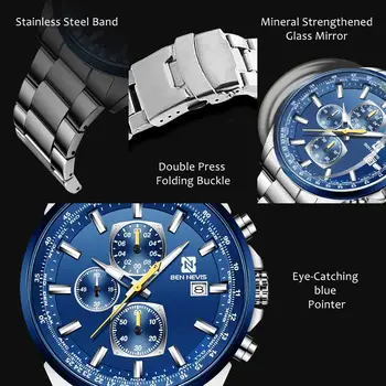 BEN NEVIS 2020 Mužov Quartz náramkové hodinky Módne Modré Hodinky Striebornej Nerezovej Ocele Kapela Kalendár Zobrazenie Obchodného Hodinky
