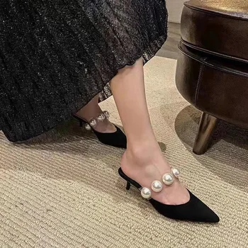 2020 Luxusné Dizajnér Perly Vysoké Podpätky Sandále Ženy Ukázal Prst Transparentné Tkaných Žena Semiš Kožené Letné Topánky Žena