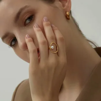 Nepravidelný Duté Kruhu Pearl Zlatá Farba Krúžok Geometrické Otvorené Prst Prsteň Pre Ženy, Šperky, Doplnky