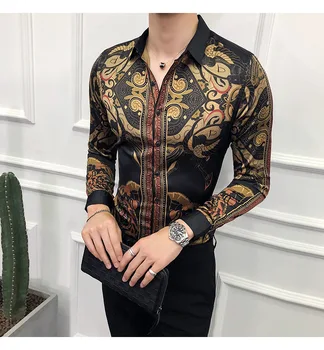 Luxusné čierne zlato vytlačené tričko muž 2019 nové slim dlho puzdre tričko Camisa Masculina spodnička mužov sociálny klub prom tričko