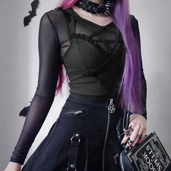Rosetic Lolita Čipky Sexy Tielko Ženy Gotický Pentagram Dizajn Duté Plodín Top Nočný Klub Bežné Čierna Košieľka Backless Camis