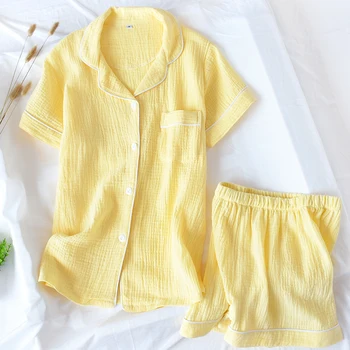 Ženy Pyžamo Leto, Bavlna, Krep-Krátke rukávy Šortky Pyžamá Thin Solid Plus Veľkosť Sleepwear Plavky Hoem Oblečenie