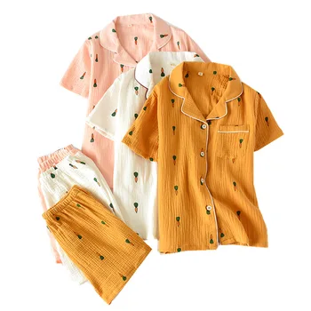 Dvojitá Vrstva Bavlny Gázy Krepové Krátke Pyžamo Šortky pre Ženy, Plus Veľkosť Pyžamá Cartoon Tlač Sleepwear Domáce Oblečenie