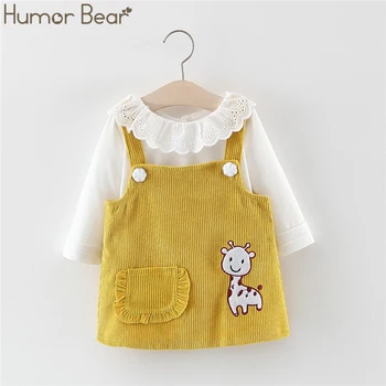Humor Medveď Dievčatá Jeseň kórejské Deti, Oblečenie pre Bábiku Golier Dlhý Rukáv +Popruh Šaty 2ks Suit Baby Deti Oblečenie Oblek