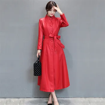 Kožená Bunda Ženy Červená L-4XL Plus Veľkosť Dlho Faux Kožený Kabát 2019 Nové Jeseň Zima kórejský Móde Single-breasted Kabát JD340