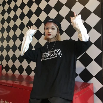 Cool List Tlač Japonsko Harajuku Čierna biela Hip Hop tričká Muži Ženy Jar Falošné Dve Kus Dlhý Rukáv Voľné Tričko Ženy