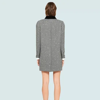 Jeseň Zima Houndstooth Tweed Kabát Ženy Vintage Diamanty Tlačidlá Stredne Dlhá bunda ženy 2020 abrigo mujer