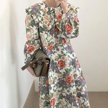 ZCSMLL kórejskej ženy vestido elegantné dieťa golier dreva ucho šitie kvetinový voľné bublina rukáv šaty žena 2021 jar