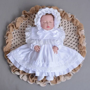 Baby Šaty Infant Girls Long Sleeve Retro Petal Klope Saténová Čipka Šaty +Klobúk Batoľa Dievčatá Krst Oblečenie Narodeniny Oblečenie