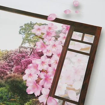 3D Okno Sakura Peach Blossom Flower Art Stenu, Nálepky Vymeniteľné Odtlačkový nástenná maľba