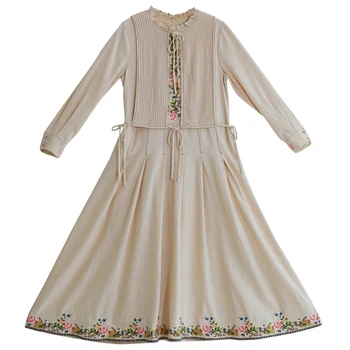 Originálny Dizajn AIGYPTOS Jar Jeseň Ženy Vintage Šaty Elegantné francúzske Výšivky Sladké Skladaný Bavlnená posteľná Bielizeň Dlhé Šaty