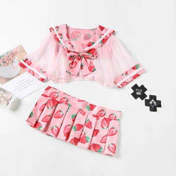 Roztomilý Námorník Šaty Lolita Jahoda Vytlačené Cosplay Kostým Školské Dievča Jednotné Oblečenie Sexy Kawaii Priesvitný Set Spodnej Bielizne Japonskej