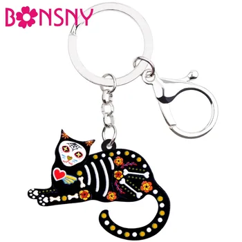 Bonsny Akryl Cartoon Kvetinový Halloween Cat Kitten Kľúčenky Keychains Krúžky Zvierat Šperky Pre Ženy, Dievčatá Kabelka Charms Darček