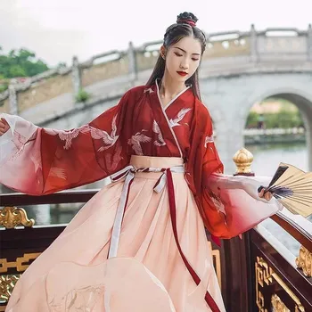 Vintage hanfu letné oblečenie sady ženy šaty gradient maxi šaty študentov sladké šaty, Kostým Čínsky štýl, voľné šaty+sukne