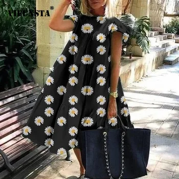 Ženy Vintage Kvetinový Tlač Voľné A-Line Šaty 2020 Lete O-krku Petal Krátky Rukáv Šaty Elegantné Bežné Party Šaty 3XL Vestido