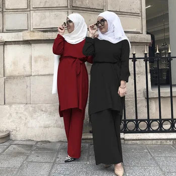 2019 Nové Módne Jednoduché Čerstvé Moslimských Čipky Vyhovovali Turecký Marocain Abayas Pre Ženy, Hidžáb Oblečenie Islamskej Dlhé Tričko, Nohavice Nastaviť