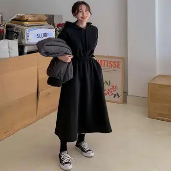 LANMREM 2021 jar a na jeseň fashion pulóver s kapucňou žien členok-dĺžka kórejský štýl vysoký pás chudnutie pevné šaty 2A493