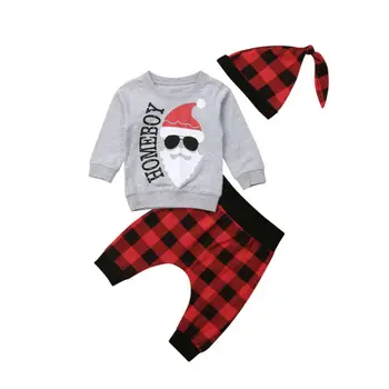 2020 Nový Rok Vianočné Dieťa Dieťa, Dievča, Chlapec, Oblečenie Santa T-shirt Topy+Plaids Nohavice +Klobúk 3ks Oblečenia