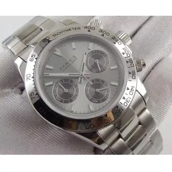 39 mm PARNIS biela dial sapphire crystal pevné plný quartz Chronograf pánske Luxusné hodinky Pilot Sapphire Crystal Náramkové Hodinky mužov