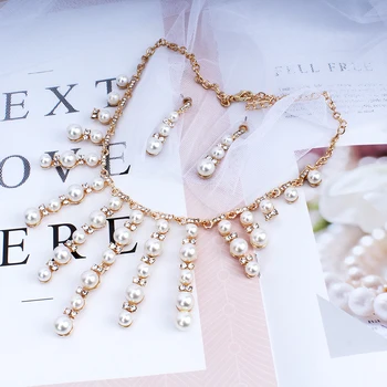 Jiayijiaduo Imitácia perly šperky set náhrdelník dlhé náušnice, nastavený pre glamour ženy šaty príslušenstvo, zlatá farba