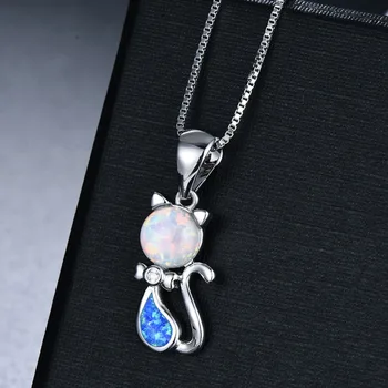 925 Sterling Silver White/Blue Opal Mačka Zvierat Prívesok Náhrdelníky Ženy Módne Šperky