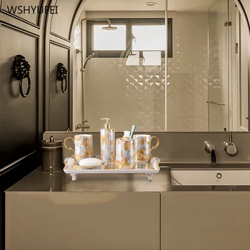 Kreatívne luxusné mramorové umývanie toaletné potreby, kúpeľňa umývanie nastaviť keramické dodávky mydlo fľaše misky kefka držiak na pohár