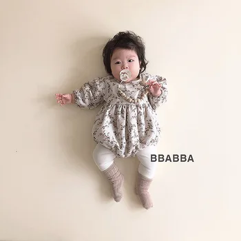 Jeseň kórejský Dievča Vintage Kvetinové Šaty Sestry Oblečenie Baby Girl Kvetinové Šaty