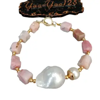 Prírodný Ružový Opál nugget Drsné Biele Keshi Pearl zlatá farba á korálky Náramok 8