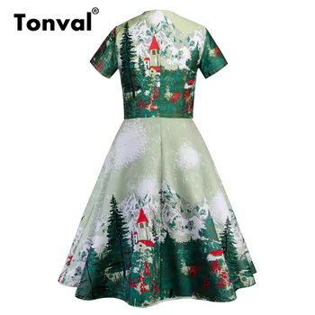 Tonval Rockabilly Vintage Zelená Dve Kus Ženy Hory a Strom Tlače Skladaný Šaty a Plášť 2 Kus Oblečenie