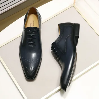 2020 Nové Originálne Kožené pánske Šaty Topánky Ručne vyrábané Office Business Svadobné Modrá Čierna Luxusná Čipka Formálne Oxfords Pánske Topánky