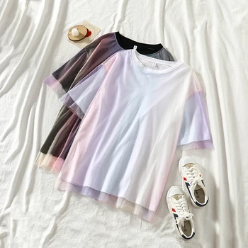 Mooirue Farba Gradient T-shirt Žena 2019 Lete Oka Patchwork Vintage Streetwear kórejský Príležitostné O Neck Tee Topy, Košele Ženy
