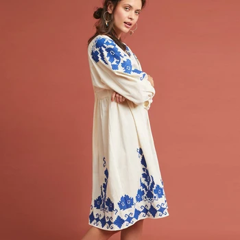 Boho Etnických Vyšívané Šaty Podkolienok Ženy Šaty 2021 Vintage Jar Jeseň Šaty Tvaru 3/4 Rukáv Bavlnené Šaty Vestidos