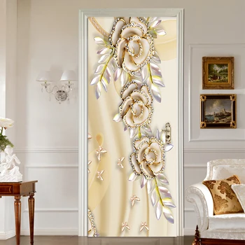 Európsky Štýl 3D Stereo Kvety nástenná maľba Tapety, PVC Samolepiace Vodotesné Dvere Nálepky, Obývacia Izba, Spálňa Luxury Home Decor