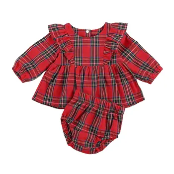 0-24M Batoľa, Dieťa Dievčatá 2 Ks Vianočné Oblečenie Červená Koberčeky Dlhý Rukáv Prehrabať Blúzka + Krátke Nohavice Oblečenie Sady
