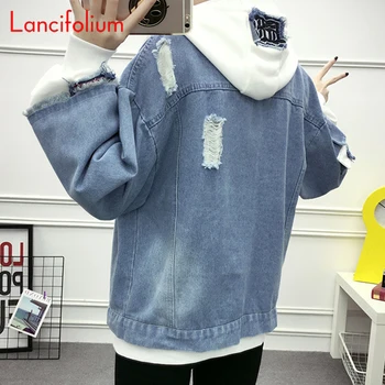 Nadrozmerné Džínsy Kabát Ženy Jar Jeseň Harajuku Hoodied Roztrhlo Denim Jacket Ladies Kórejský Módne Vintage Bežné Outwear 2020