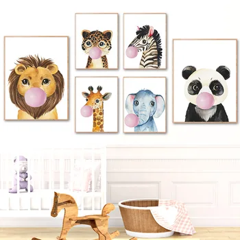 Ružová Bublina Lev Panda Žirafa Zabra Nordic Plagáty A Vytlačí Škôlky Wall Art Plátno, Maľovanie Obrazov Na Stenu Detská Izba Decor