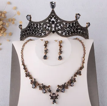 Barokový Vintage Gold Black Crystal Svadobné Šperky Set Drahokamu Tiara Koruny Náhrdelníky Náušnice Svadobné Afriky Korálky Šperky Sady