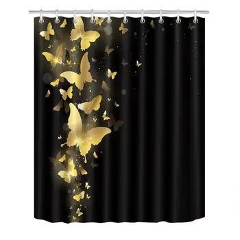 Zlatý Motýľ Black Vytlačené Sprchové Závesy Non-slip Koberec Nepremokavé tkaniny Tkaniny, Polyester Kúpeľni Vaňa Záclony Umývateľný