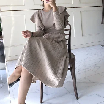 Jeseň Skladaný Pletené Šaty Midi Kolo Krku Kawai Prehrabať Dlhý Rukáv Zimné Knitwear Svetre Ženy Kórejský Streetwear