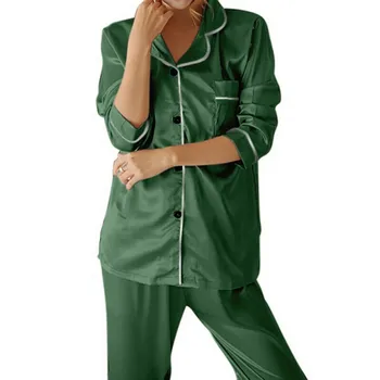 2 Kus na Jeseň Ženy Sleepwear Faux Hodváb Saténové Pyžamo Nastaviť Dlhý Rukáv Sleepwear Pyžamo Vyhovovali Ženské oblečenie pre voľný čas pre Ženy