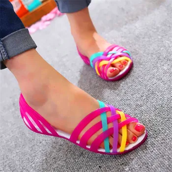 Sandále Ženy Jelly Topánky Rianbow Letné Sandále Žena Ploché Topánky Bežné Dámy Pošmyknúť Na Ženu Candy Farby Típat Prst Pláže Topánky