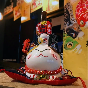 9 palcový Keramické Maneki Neko Ozdoba Lucky Mačka Peniaze Box Japonský Dlhý Chvost Fortune Mačka Feng Shui Dekorácie Svadobný Dar