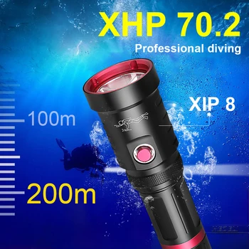 Xhp70.2 200M potápanie blesk, pod vodou lampa LED pochodeň svetla nabíjateľná 18650 26650 silný blesk xhp50 xhp70 svietidla