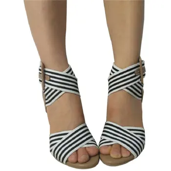 Sianie Tianie obväz popruh pruhovaný vzor típat prst žena topánky veľké pracky sexy gladiátorov sandále bloku vysoké podpätky sandále